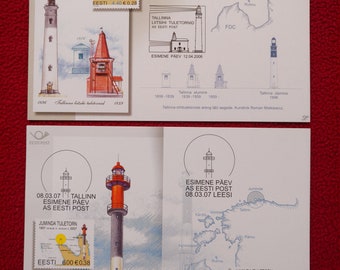 2 Vintage FDC Estonian collectible philately postcards with Lighthouse - Unused First Day Stamp info postcards in English. See photos!