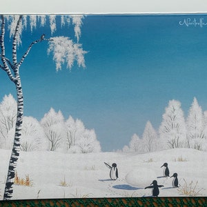 May include: A winter scene with a birch tree and four penguins in a snowy landscape. The sky is blue and the trees are covered in frost.