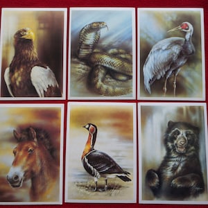 6 CARTES POSTALES D'ANIMAUX Isakov - Isakov, artiste soviétique. cartes postales vintage de l'URSS. Cartes postales d'art à collectionner. Moscou 1989. Cheval, ours, serpent, oiseaux