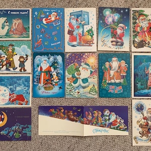 Postales navideñas vintage de la década de 1980, realizadas por artistas rusos soviéticos. Postales navideñas retro soviéticas. Postales coleccionables de Año Nuevo de la URSS.