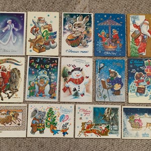 Cartoline di Capodanno di vari artisti russi - Cartoline di Natale dell'URSS - Fiabe - Arte animale sovietica d'epoca - Cartoline da collezione