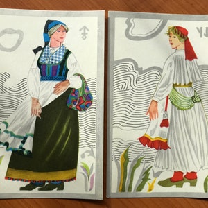 Set di 2 cartoline vintage degli anni '70 - Costumi popolari estoni - Made in Estonia - artista Tolli - Costumi nazionali estoni. Saaremaa, Hiiumaa