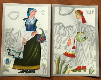 Vintage postcard set of 2 from 70s - Estonian folk costumes - Made in Estonia - artist Tolli - Estonian National Costumes. Saaremaa, Hiiumaa