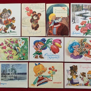 Postales de felicitación, cumpleaños y del 8 de marzo impresas y enviadas entre 1960 y 1980. Postales retro soviéticas de Rusia y Estonia (URSS). Efímeras para llevar un diario