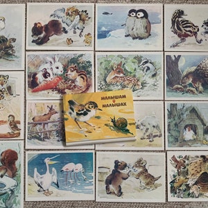 Cartões postais fofos de arte animal. 15 cartões vintage do artista russo soviético de 1984 L. Gambburger. Arte animal. Cartões postais colecionáveis