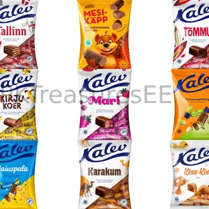 May include: A display of nine different varieties of Kalev chocolate bars, each with a unique design and flavor. The bars are arranged in three rows of three, with the Kalev logo prominently displayed on each package.