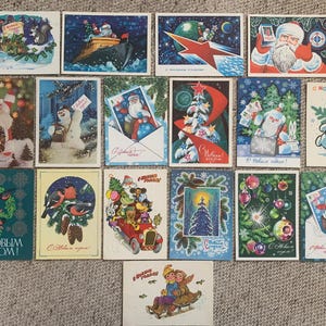 Zeldzame vintage kerstkaarten uit de jaren 70 van Sovjet-Russische kunstenaars. Sovjet retro kerstkaarten. Verzamelbare ansichtkaarten Russisch nieuwjaar (USSR)