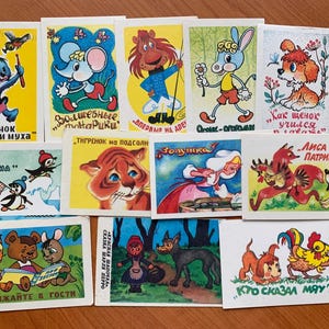 Calendários de bolso de contos de fadas soviéticos - conjunto de 12 calendários de bolso - Desenhos animados da União Soviética - Fabricado na URSS. Calendários de bolso vintage sem uso