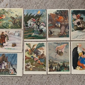 Postales de cuentos de hadas de la década de 1950, conjunto de 9 postales vintage en blanco, varios artistas rusos, postales con imágenes impresas en la URSS, diario, álbum de recortes