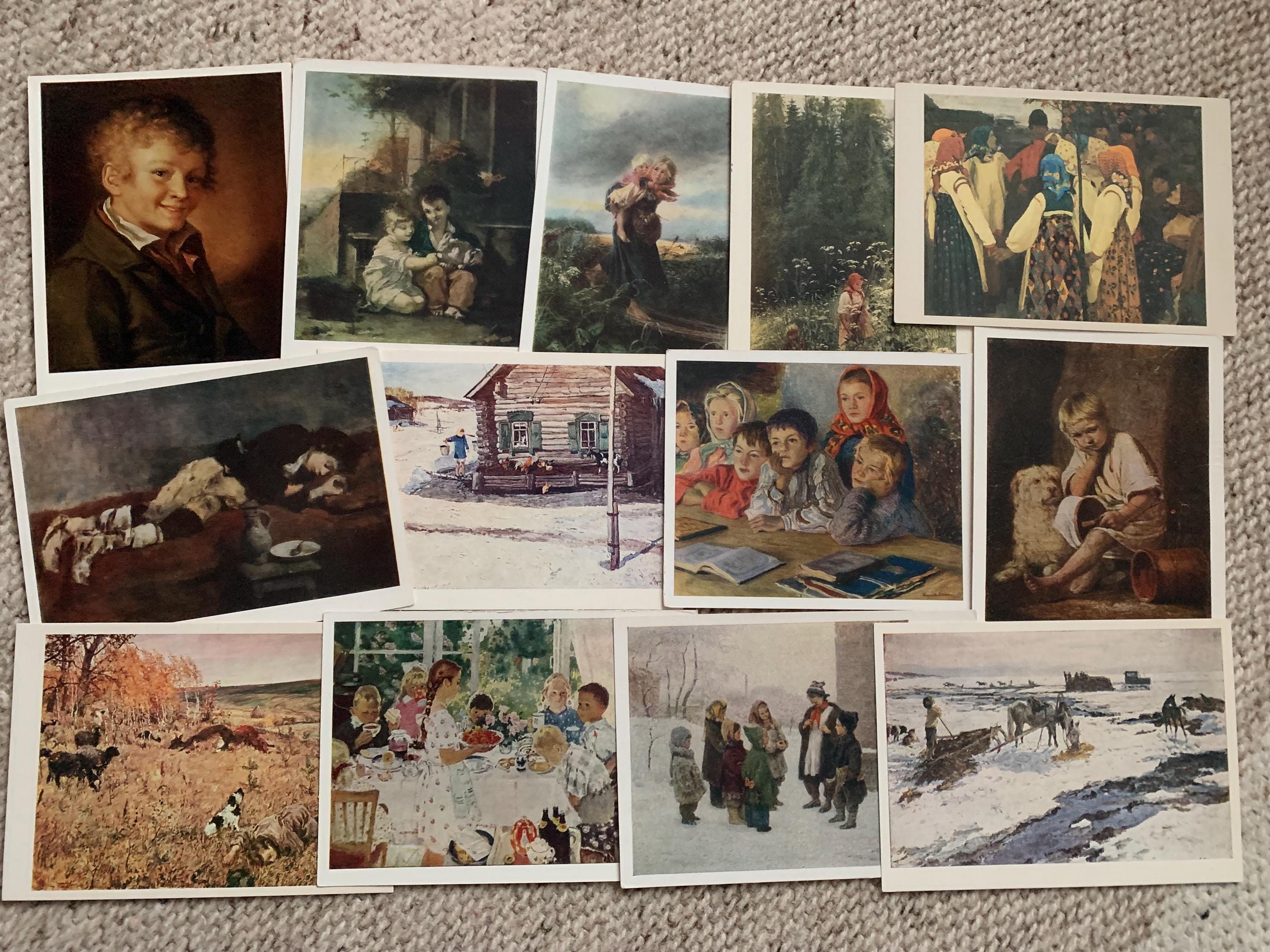 Postkarten mit Kindern - Set von 13 Vintage unbenutzte Postkarten - Verschiedene russische Künstler - Postkarten-Set 1950-1980 - UdSSR Bildpostkarten