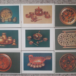 Cartões postais de arte Khokhloma Folk Painting de 1983 por Aurora Art Publishers. Conjunto de 16 cartões em branco vintage. Cartões postais da URSS. Cartões postais de arte popular