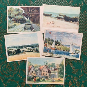 Vedute estoni negli anni '60 di artisti estoni. Cartoline d'arte vintage estoni sovietiche. Set di 5 cartoline artistiche colorate. Cartoline dell'URSS
