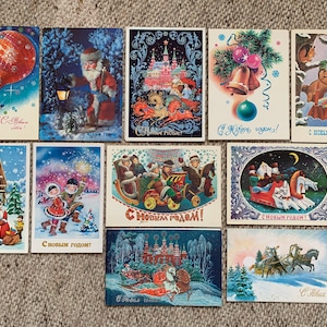 Cartoline natalizie vintage rare degli anni '80 di artisti sovietici russi. Cartoline natalizie retrò sovietiche. Cartoline da collezione di Capodanno russo (URSS)