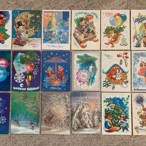 Postales navideñas vintage de la década de 1980, realizadas por artistas rusos soviéticos. Postales navideñas retro soviéticas. Postales coleccionables de Año Nuevo de la URSS.