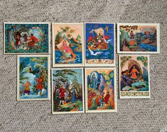 1960er Jahre MÄRCHEN / MÄRCHEN Postkarten - 8 Vintage Postkarten - verschiedene russische Künstler - Postkarten Set - Märchen Ural - gedruckt in der UdSSR