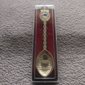 ESTONIA souvenir spoon in the box. Enameled brass spoon. Collectible Retro decorated spoon made in Estonia. Gift idea!