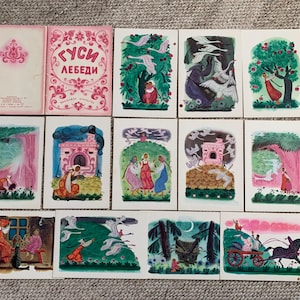 1970s FAIRY_TALE postcards  - Set of 12 Vintage blank postcards &quot;Swan Geese&quot; - Artist G.Dmitrieva - Postcard set - printed in USSR