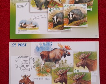 2 Vintage FDC Estonian collectible philately postcards - Estonian Fauna - Unused First Day Stamp info cards in English. See photos!