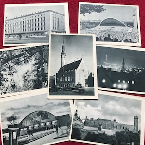 CARTOLINE DI TALLINN. 7 vecchie cartoline URSS in bianco e nero degli anni '60, cartoline estoni sovietiche. Cartoline panoramiche di Tallinn. Vecchie stampe. Da collezione