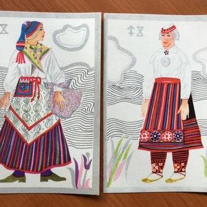 Set di 2 cartoline vintage degli anni '70 - Costumi popolari estoni - Made in Estonia - artista V.Tolli - Costumi nazionali estoni. Saaremaa, Muhu