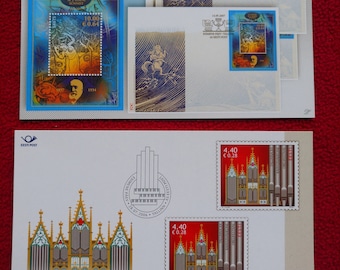 2 Vintage FDC Estonian collectible philately postcards - Folk collector, Music Festival - Unused First Day Stamp info cards in English.