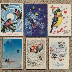 6 cartões postais artísticos de Ano Novo da era soviética de artistas russos - Pássaros - Cartões de Natal - С Новым Годом - Cartões postais colecionáveis