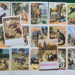 Cartões postais de arte ANIMAL. Conjunto de 16 cartões vintage de 1969 "ZOO" dos artistas russos soviéticos Stroganova, Alekseev. Arte animal. Cartões postais colecionáveis