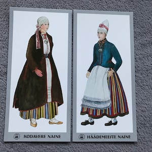 Costumi popolari estoni. Set di 2 cartoline d'arte estone mai usate: KODAVERE e HÄÄDEMEESTE Abito nazionale. Cartoline d'arte da collezione J. Liiv
