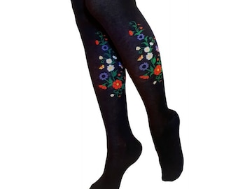 Video! Black tights with Estonian national floral pattern. Gift idea!! Elegant floral knit pattern pantyhose for women and girls.