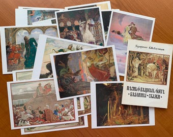 Fairy-Tale "Song of the Wise Oleg" Vintage Postcard Set of 16 – 1980s USSR Pushkin Fairy Tale Art postcards - Artist Viktor Vasnetsov