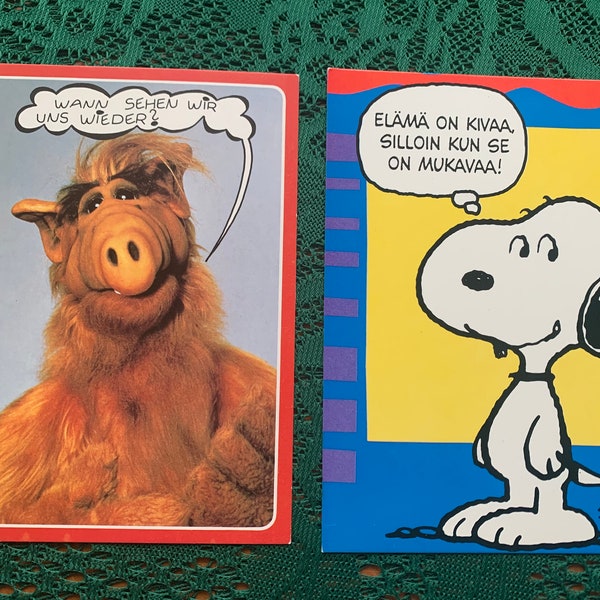Cartes postales personnages TV - cartes à collectionner vintage années 1980 - cartes postales post-crossing - Snoopy - Alf - Cartes postales humour rétro