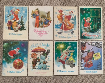 ZARUBIN art postcards - Set of 8 vintage Soviet-time New Year cards - USSR Christmas cards - Russian artist Zarubin - Collectible postcards