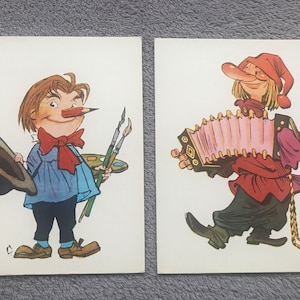 Soviet-time art postcards (1971). Set of 2 Vintage Russian art postcards. Happy Pencil; Petrushka. Fairy tales Art Prints. Book characters.