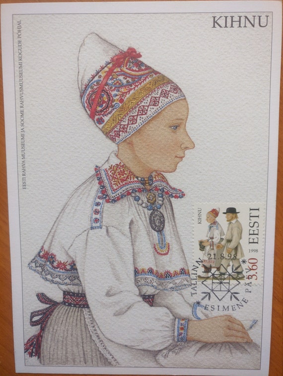 Art Postcard with a Woman with Traditional Clothing by Mari Kaarma 1990 USSR Blank Vintage Estonian - Woman in Muhu Folk Art