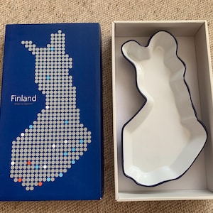 Finland shaped serving dish by Sagaform Sweden - Nordic style ceramic blue-white tray - Scandinavian gift bowl in original box