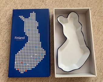 Finland shaped serving dish by Sagaform Sweden - Nordic style ceramic blue-white tray - Scandinavian gift bowl in original box