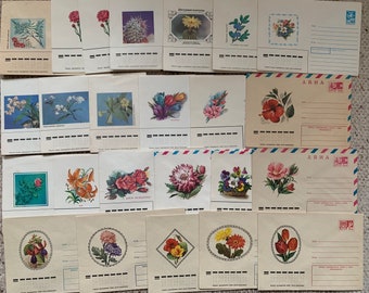 Old Soviet Collectible envelopes with pictures and printed stamps from 1970s-1980s. 24 Flower/Floral Vintage Envelopes. All on photos.