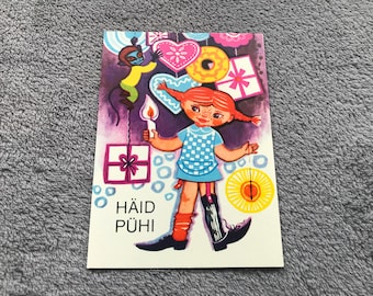 Soviet-time blank art New Year Christmas card – a book character Pippi Longstocking – unused vintage art postcard - USSR collectible cards