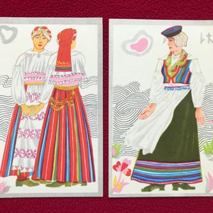 Set di 2 cartoline vintage degli anni '70 - Costumi popolari estoni - Made in Estonia - artista V.Tolli - Costumi nazionali estoni