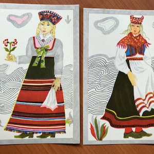 Set di 2 cartoline vintage degli anni '70 - Costumi popolari estoni - Made in Estonia - artista V.Tolli - Costumi nazionali estoni - Area di Saaremaa