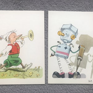 Soviet-time art postcards (1971). Set of 2 Vintage Russian art postcards. Buratino; Homemade Guy. Fairy tales Art Prints. Book characters.
