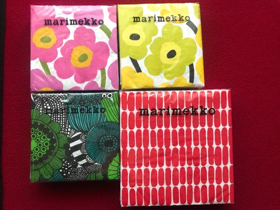 MARIMEKKO FLORAL cocktail/lunch paper napkins for dining/decoupaging, 20 sheets of 3 ply napkins. 25x25cm and 33x33cm. Pink yellow red