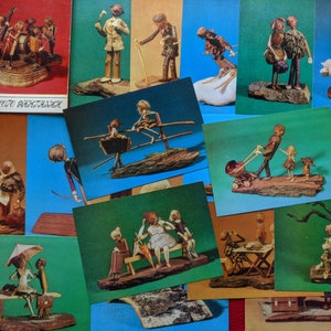 Juego de postales soviéticas - Juego vintage de 18 tarjetas - Un poco de fantasía - Juguetes/souvenirs hechos de materiales naturales - Objetos de colección de la URSS (1975)
