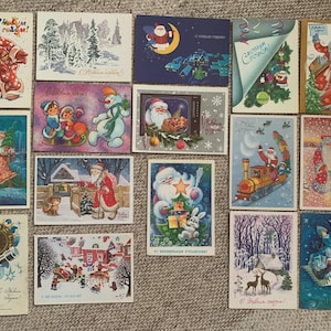 Cartoline di Capodanno d'epoca sovietiche di vari artisti russi - Cartoline di Natale dell'URSS - Fiaba - Babbo Natale - Cartoline da collezione