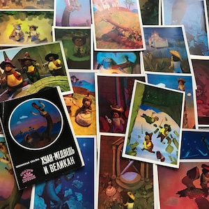 Cartes postales de conte de fées « Juan Bear and Giant » - Ensemble de 22 cartes postales d'art vintage de l'artiste soviétique A.Kantorov - Ensemble de cartes postales soviétiques russes des années 70