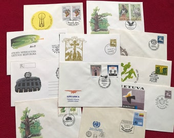 11 Vintage Lithuanian collectible envelopes with pictures and First Day Stamps from 1990s. Lithuanian stamps, Lithuanian Philately.