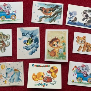 Cartoline di artisti sovietici russi - Biglietti d'auguri vintage dell'epoca sovietica - Cartoline di compleanno dell'URSS - Carine cartoline di animali da collezione, arte per bambini