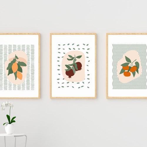 Set of 3 Kitchen Wall Art Mid Century Modern Kitchen Fruit Etsy