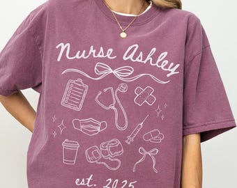 CUSTOM Nurse Shirt Nurse Bow Doodle Shirt For Nurse Gift for Nurse Tshirt Nurse Name Doodle Shirt Personalized Nurse Gift Comfort Colors Tee
