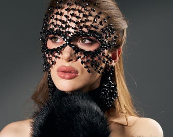 Black Crystal Masquerade Mask with Matching Earrings for Festivals, Balls, Galas, Proms & Birthday